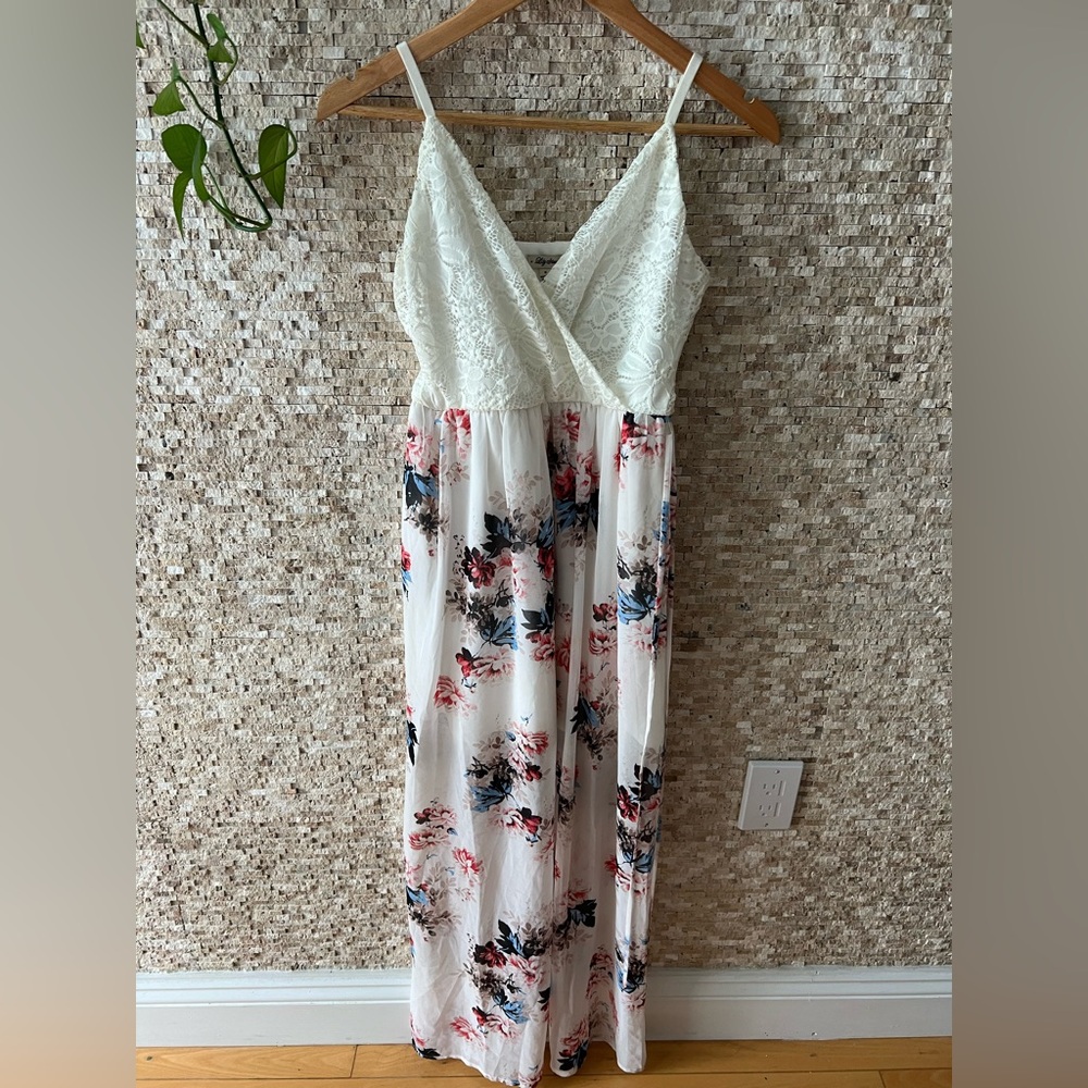 Women's Floral Print V-Neck Lace Top Maxi Dress - Lily Star (Juniors') Ivory S